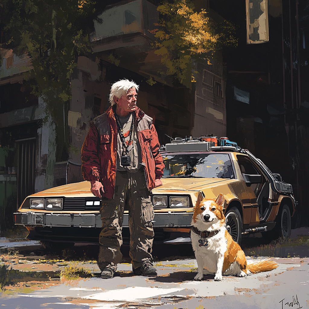 Marty McFly and Doc Brown with Griffon dog. Delorean flying, city walls covered in plants. Realistic.