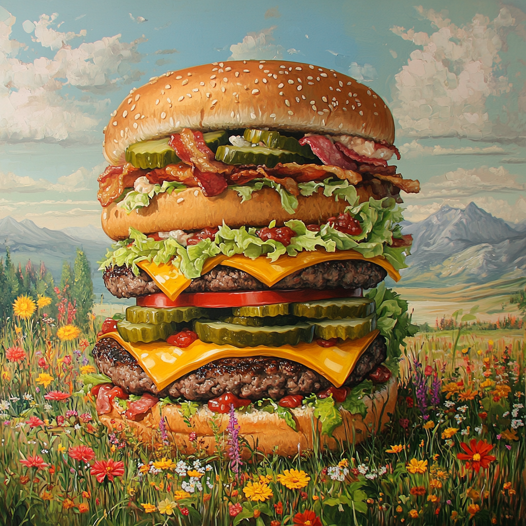 Massive Big Mac towering over serene meadow.