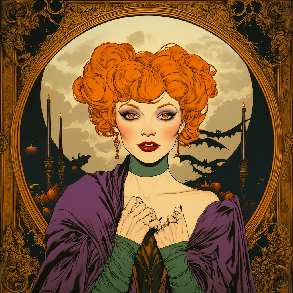 Mature witch with orange wig in elaborate Victorian frame.