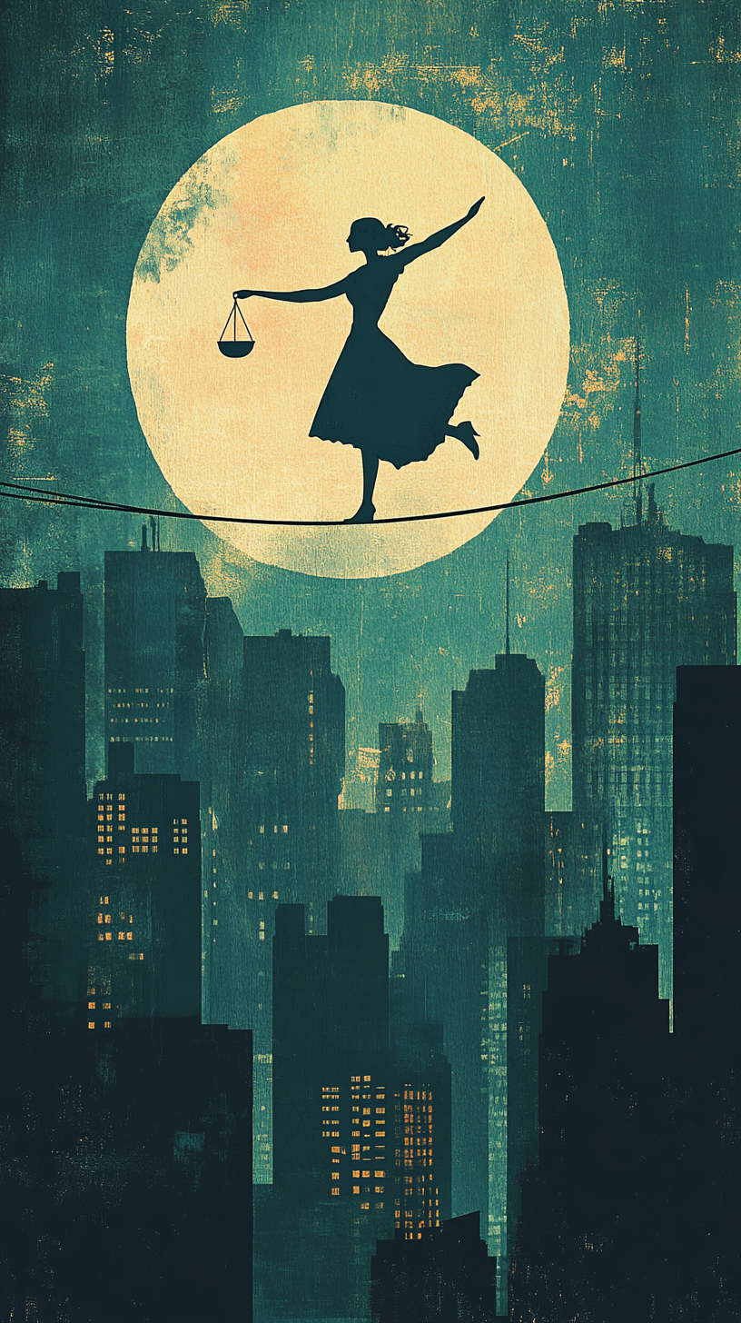 Maya balancing ethics and ambition on tightrope above city.