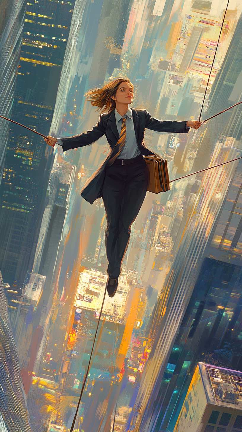 Maya in work suit walks tightrope between skyscrapers.