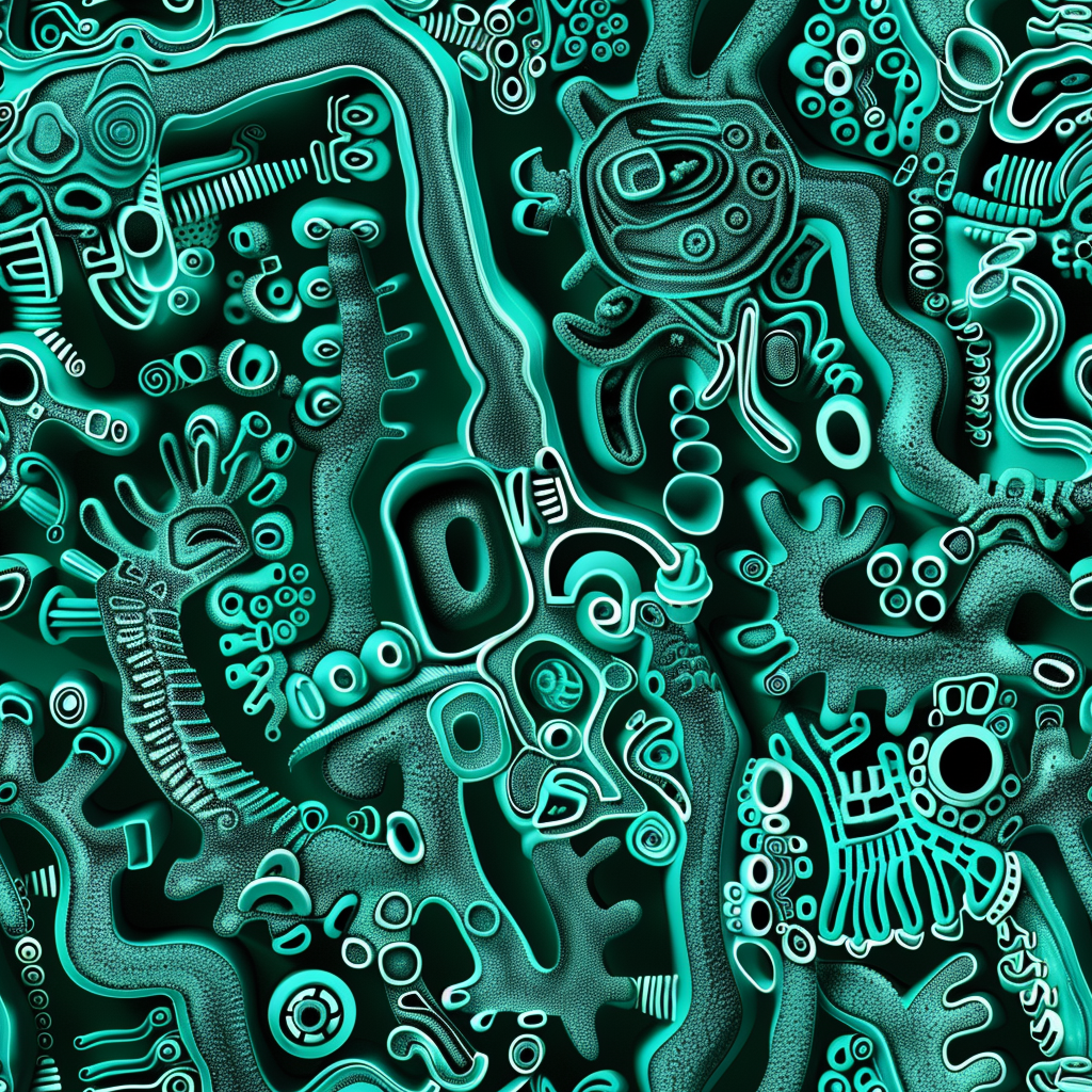 Mayan hieroglyphs, fine art ferrofluid pattern, stone forms.