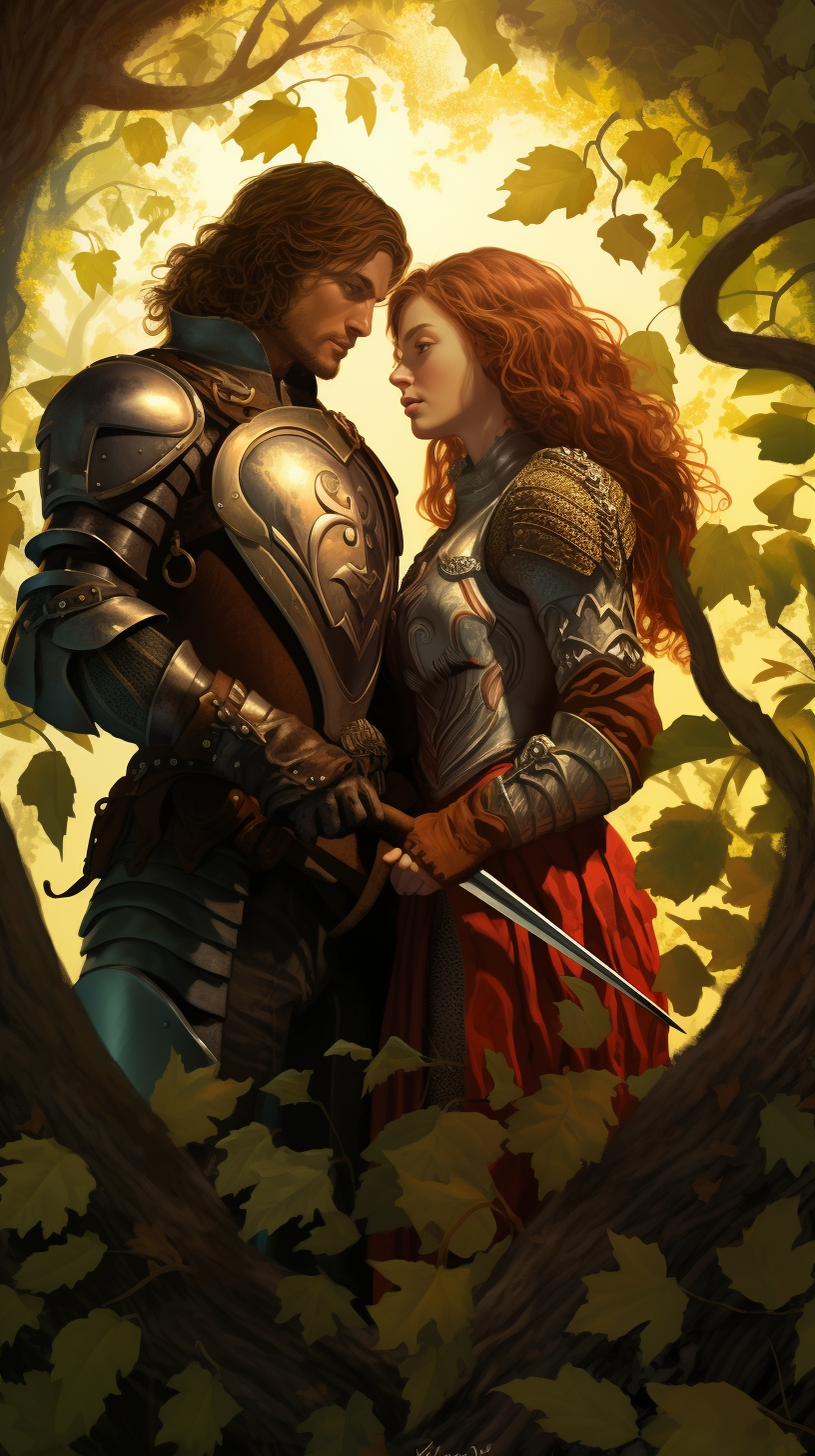 Medieval fantasy warriors in love with heart-shaped shield maiden.