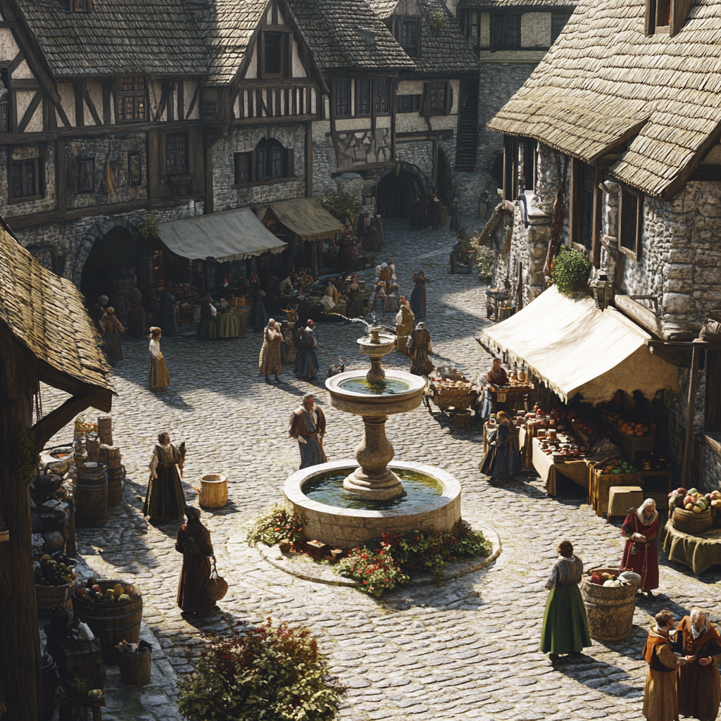 Medieval market square with vendors, townsfolk, fountain, stone buildings.