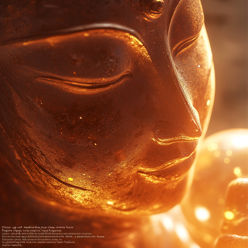 Meditative figure with eyes closed, gentle smile, glowing orb.