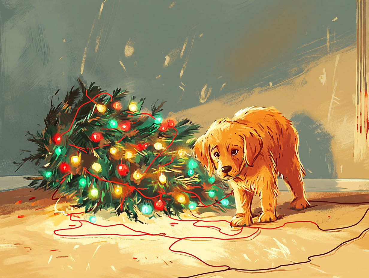 Messy Christmas scene with wrecked tree, puppy looking guilty.