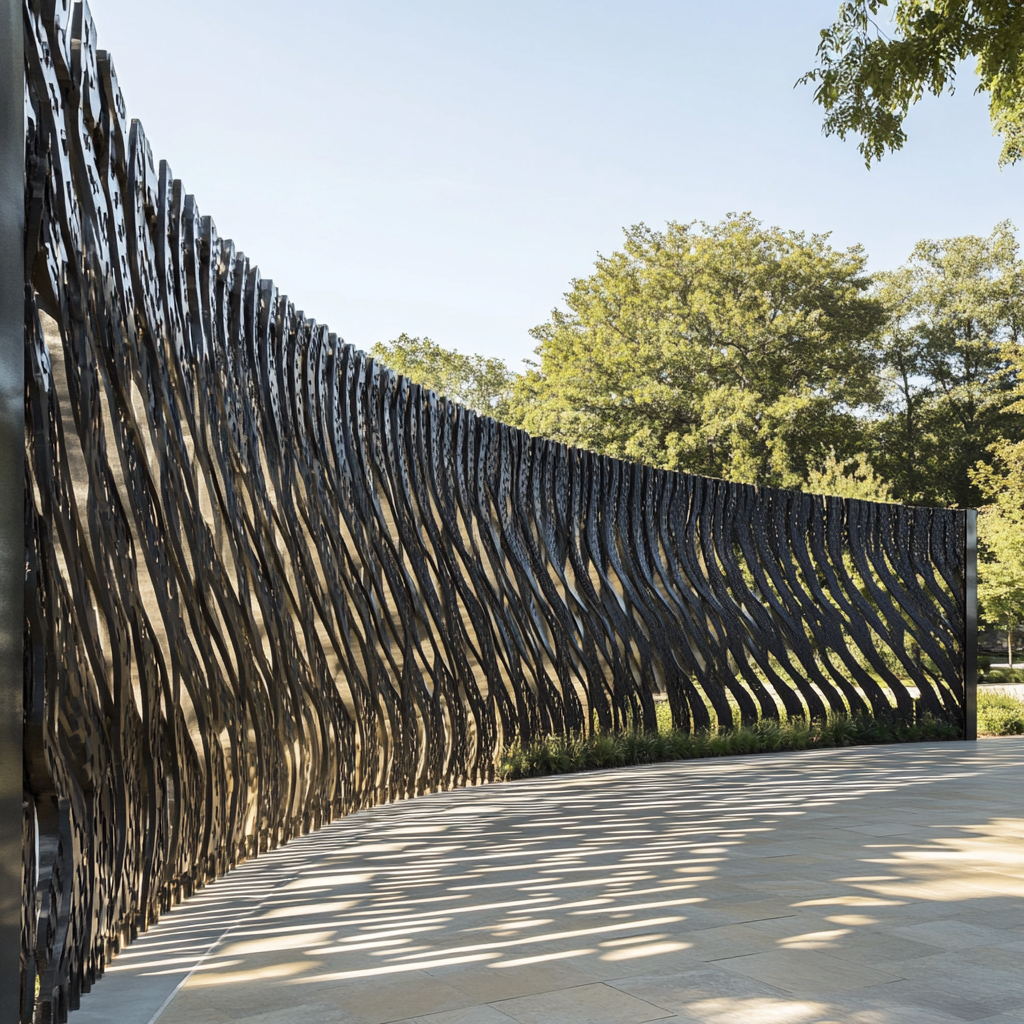 Metal art wall with logos and geometric structure.