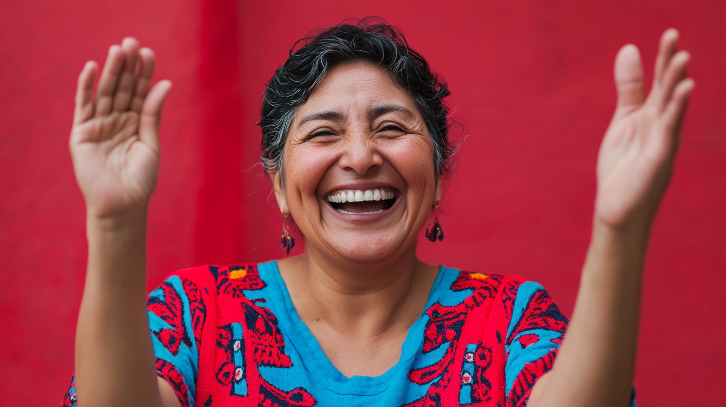 Mexican woman celebrating small win, high-five, red and blue.