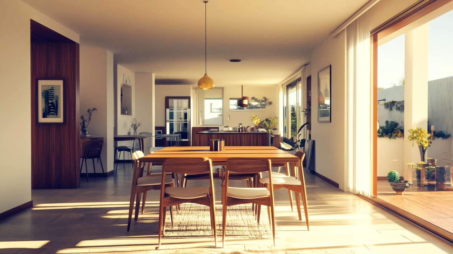 Mid-century living room and dining table photo. Bright.