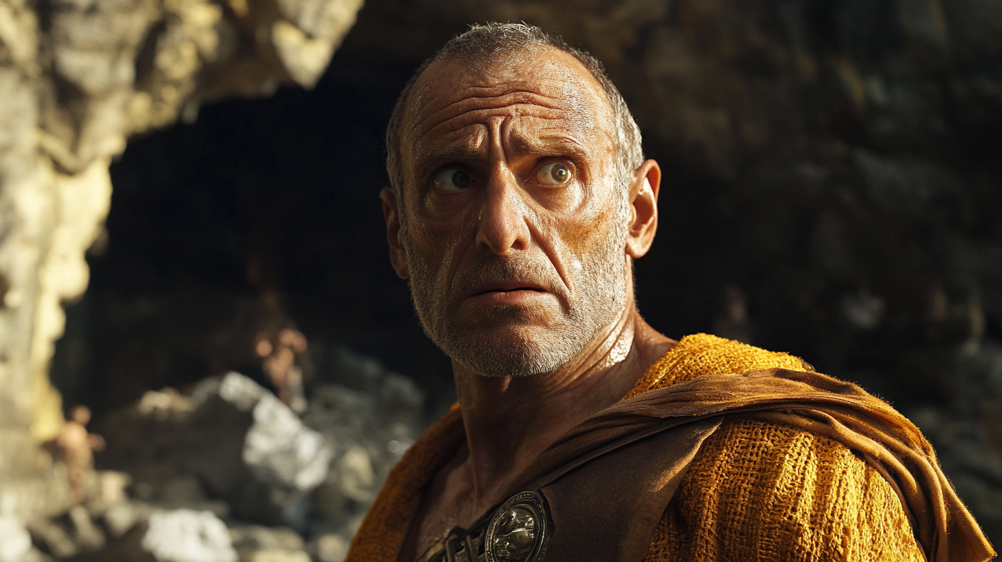 Middle-aged Roman senator with fearful expression, volcanic cave background.