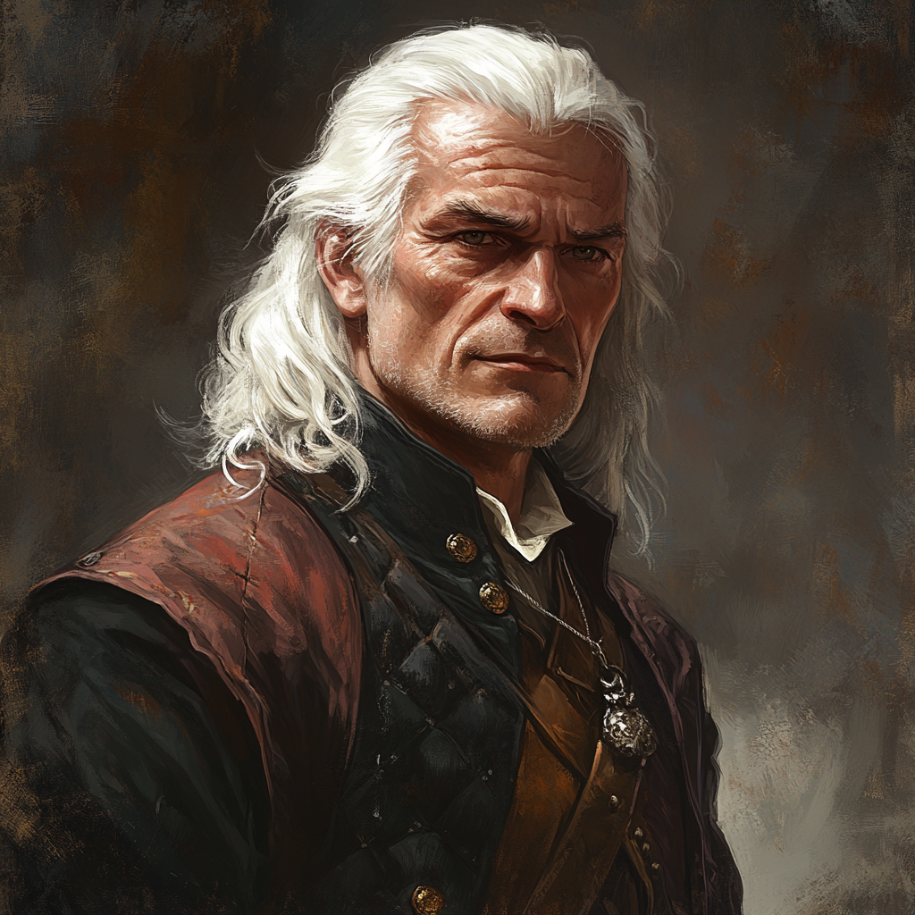 Middle-aged aasimar male with frizzy white hair confidently preparing to make a deal.