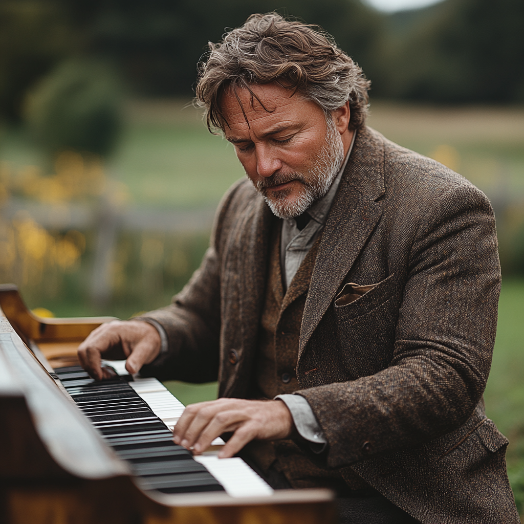 Middle aged man plays piano in Irish field.