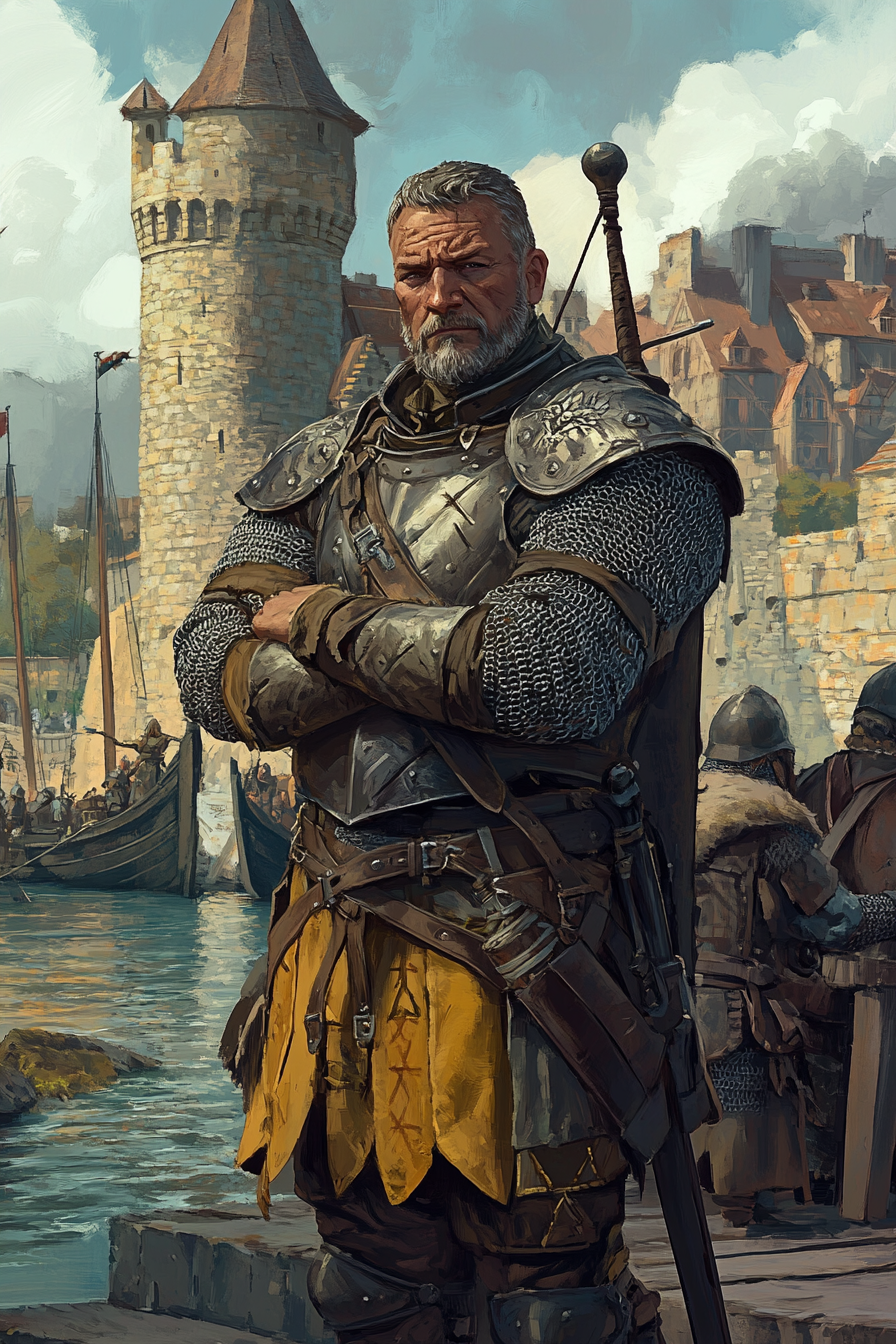 Middle-aged sergeant in chainmail armor waits at river docks.