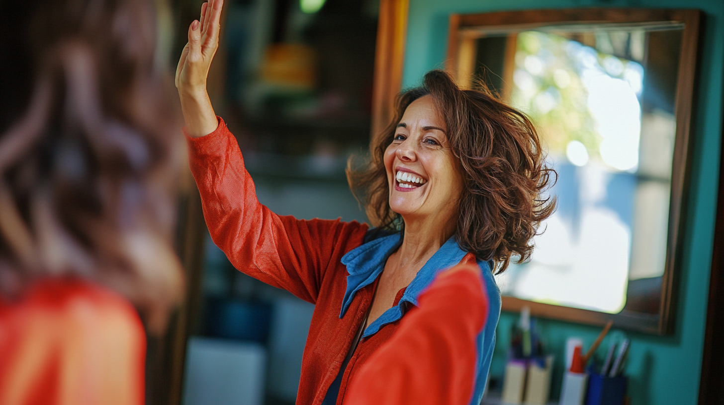 Middle aged woman high-fiving herself in mirror, celebrating win.