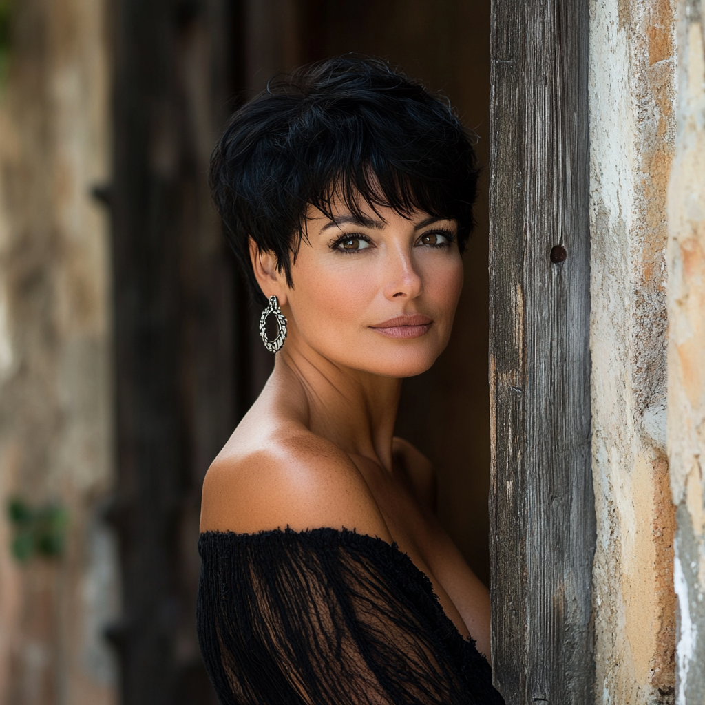 Middle aged woman with short black hair posing by old doorway for fashion magazine shoot