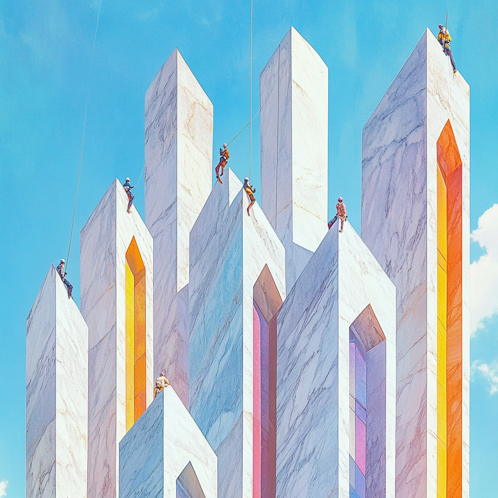 Midjourney scene: tall marble buildings, colorful windows, arrows.