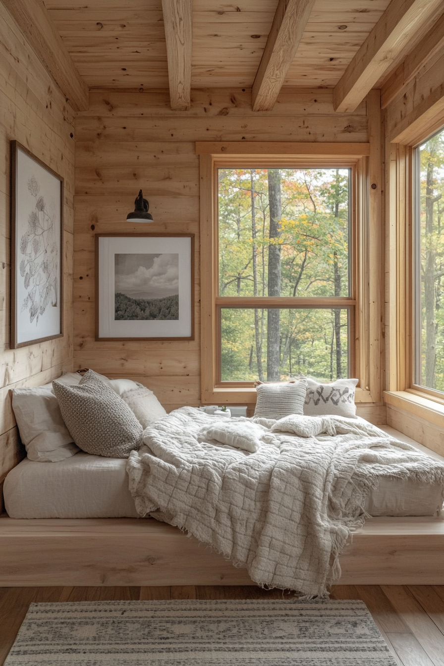 Minimalist cabin bedroom with platform bed and natural light.