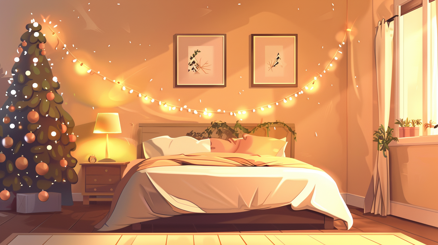 Minimalist cartoon bedroom with cozy Christmas decorations and lighting.