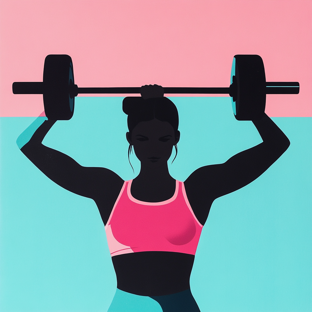 Minimalist collage of female weight lifter in pink, blue, black.