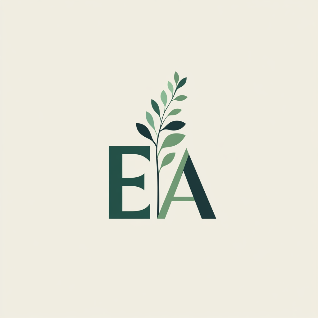 Minimalist logo design for ‘EA’ incorporating plant elements.