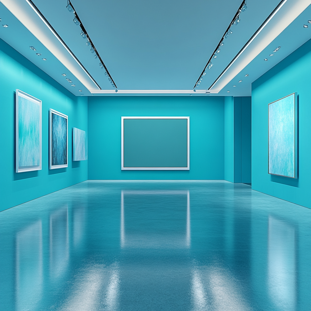 Minimalistic turquoise room with LED lights and abstract painting.