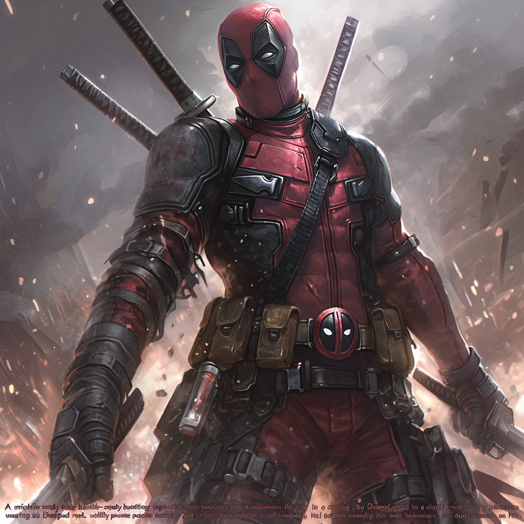 Mischievous superhero Deadpool in red and black suit, ready.