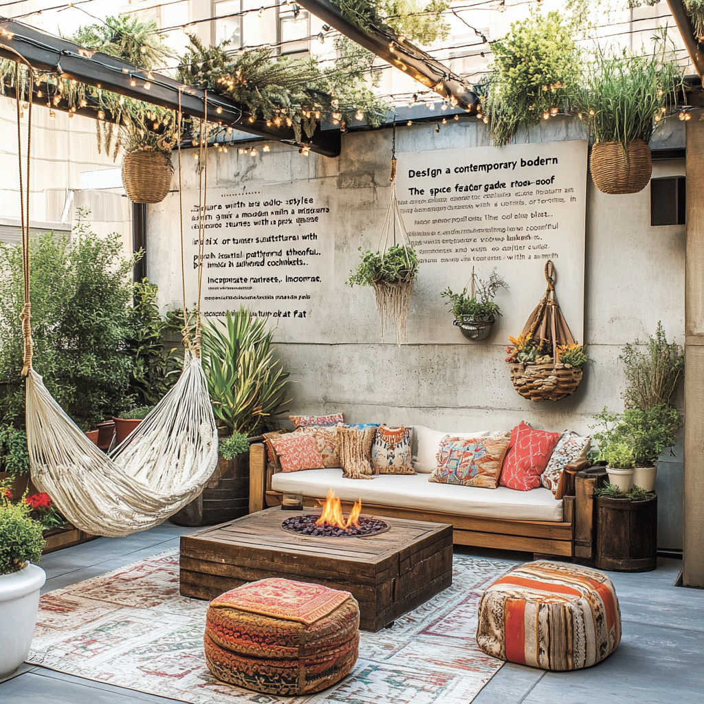 Modern boho rooftop garden with eclectic furniture and lush greenery.