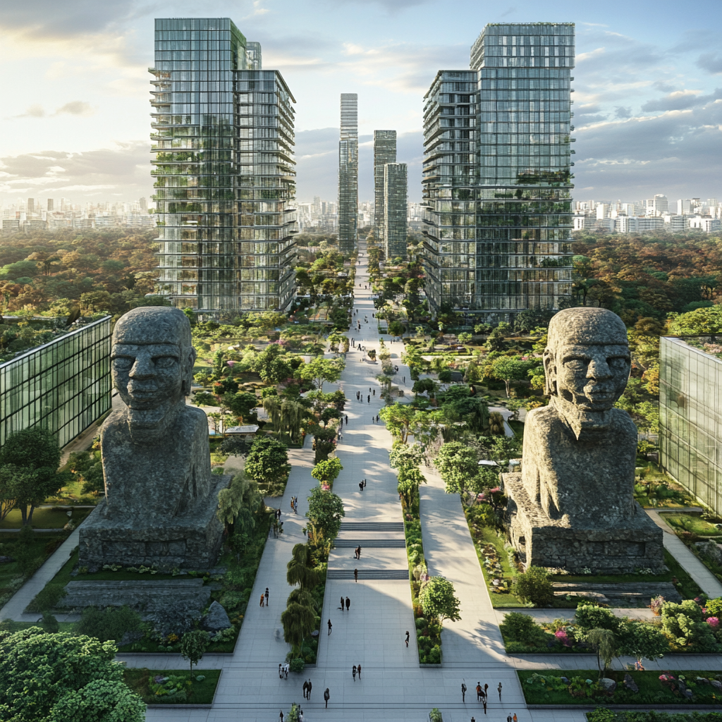 Modern cityscape blends ancient Olmec architecture seamlessly.