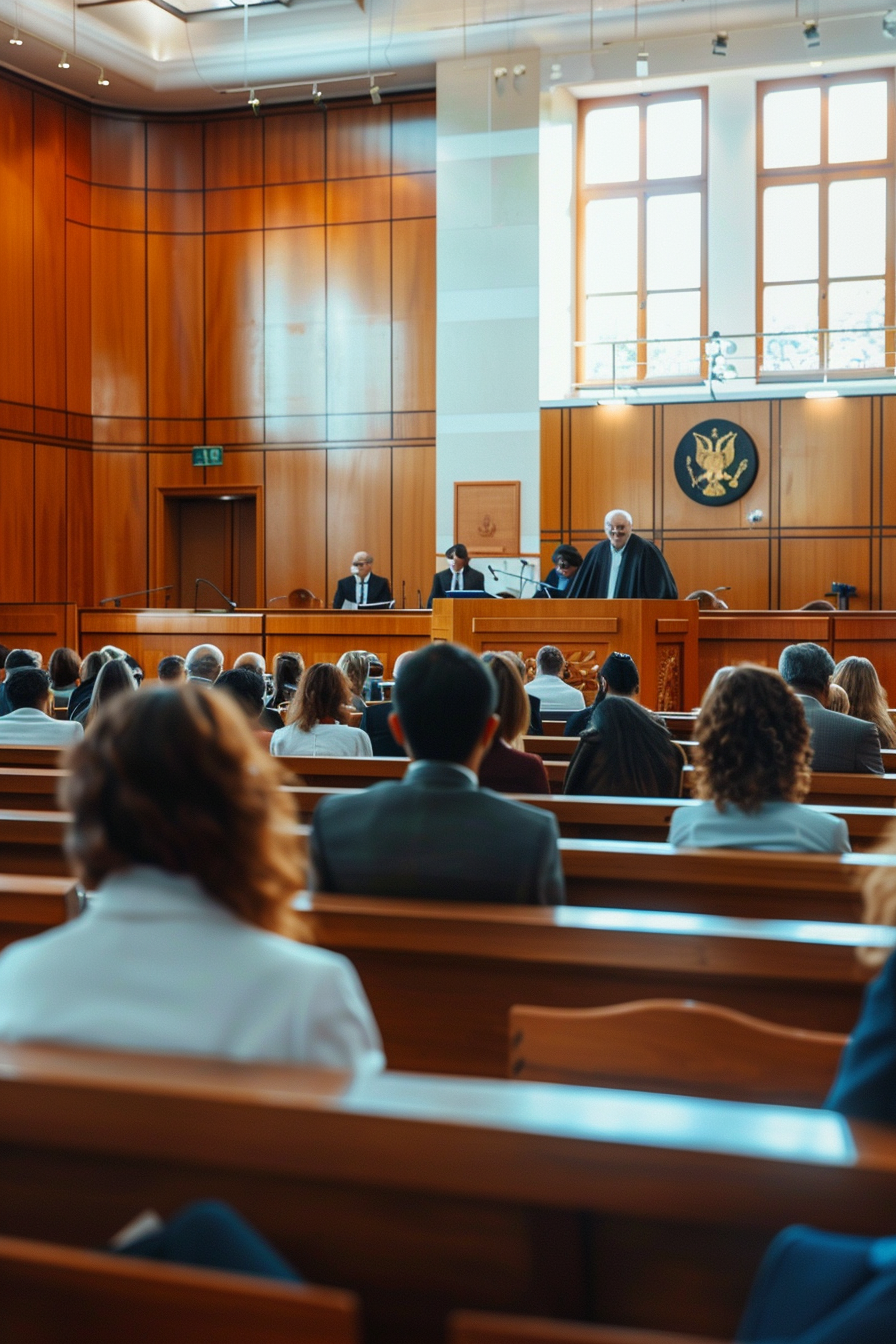 Modern courtroom with legal professionals, judges, and lawyer.