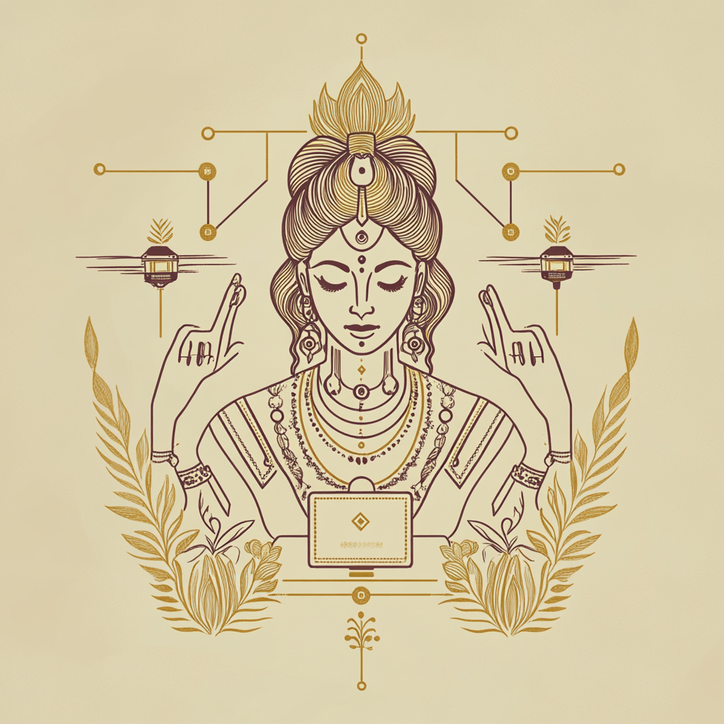 Modern logo of goddess Demeter with tech tools.