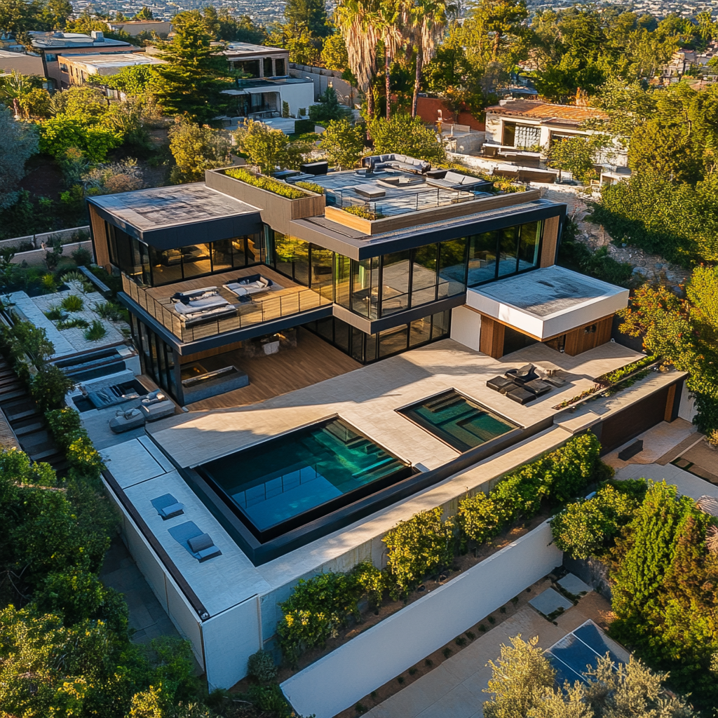 Modern main house with rooftop terrace, pool, guest house.