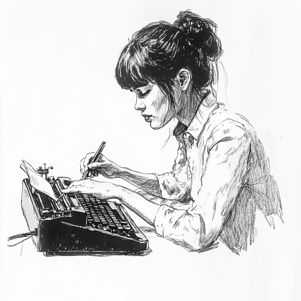 Modern office girl at desk typewriter, sketch, portrait.