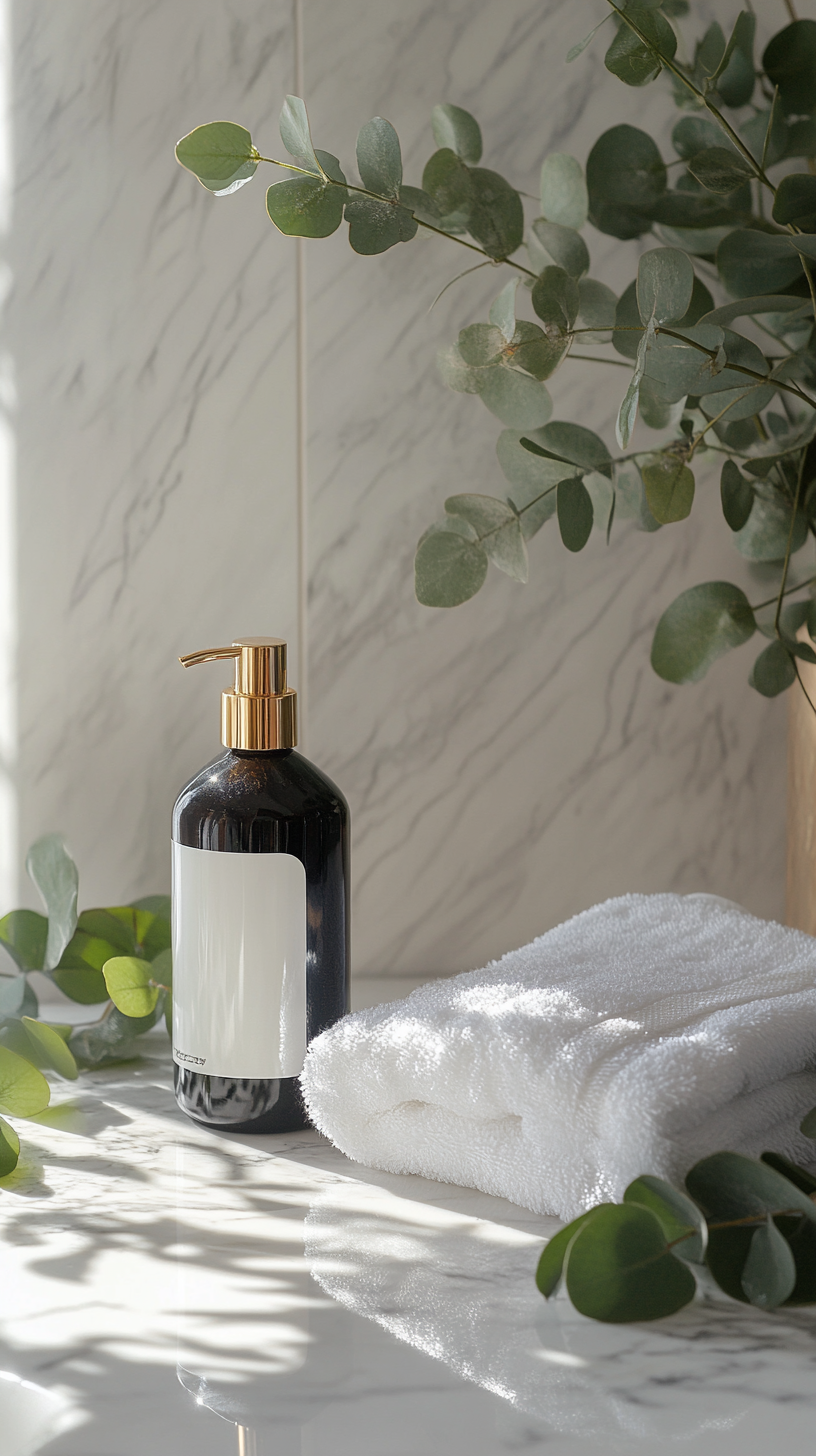 Modern shampoo bottle on marble counter with eucalyptus.