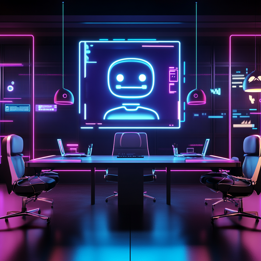 Modern workspace with holographic chatbot engaging with users.