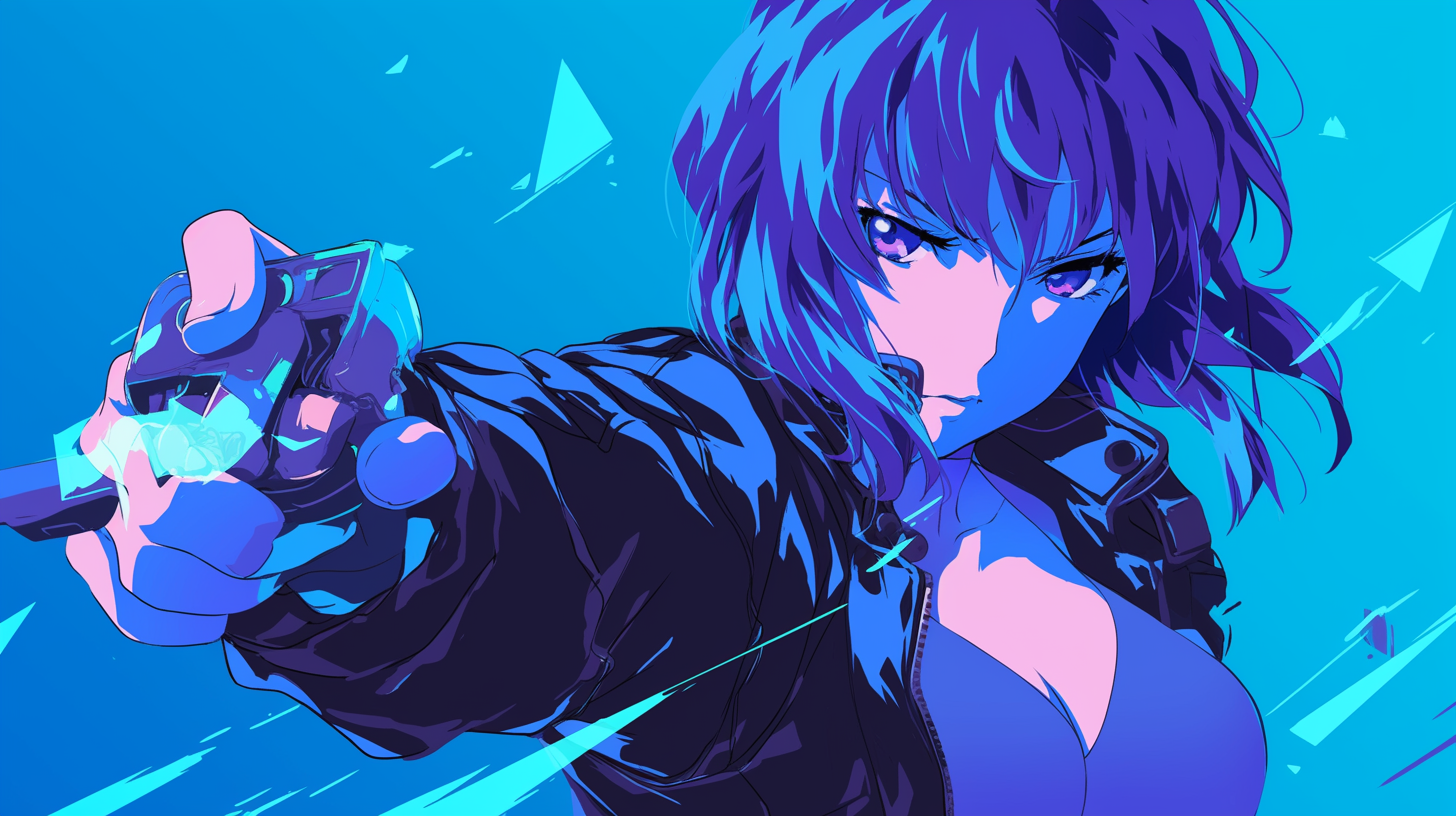 Mokoto Kusanagi appearing in cyberpunk anime style art.