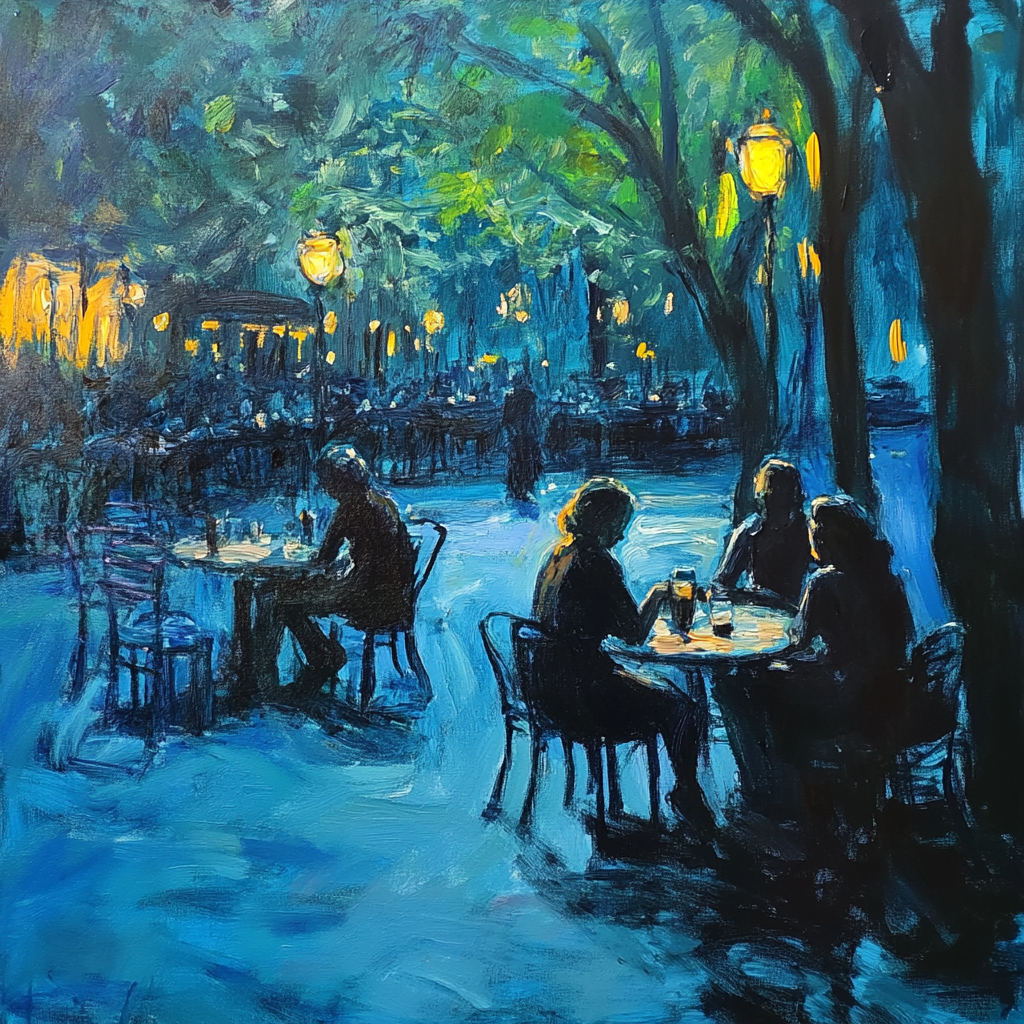 Monet painting in New York with people in cafe.