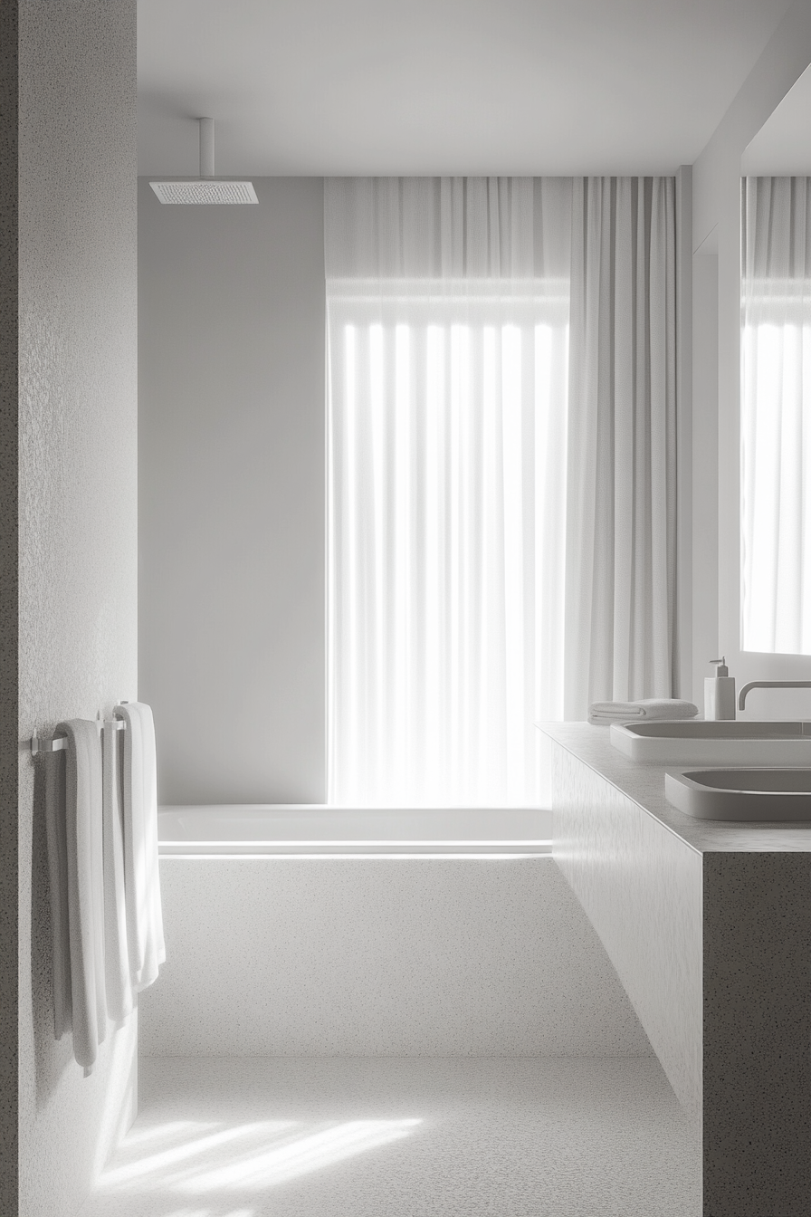 Monochrome bathroom with seamless look, varied textures, glossy countertops