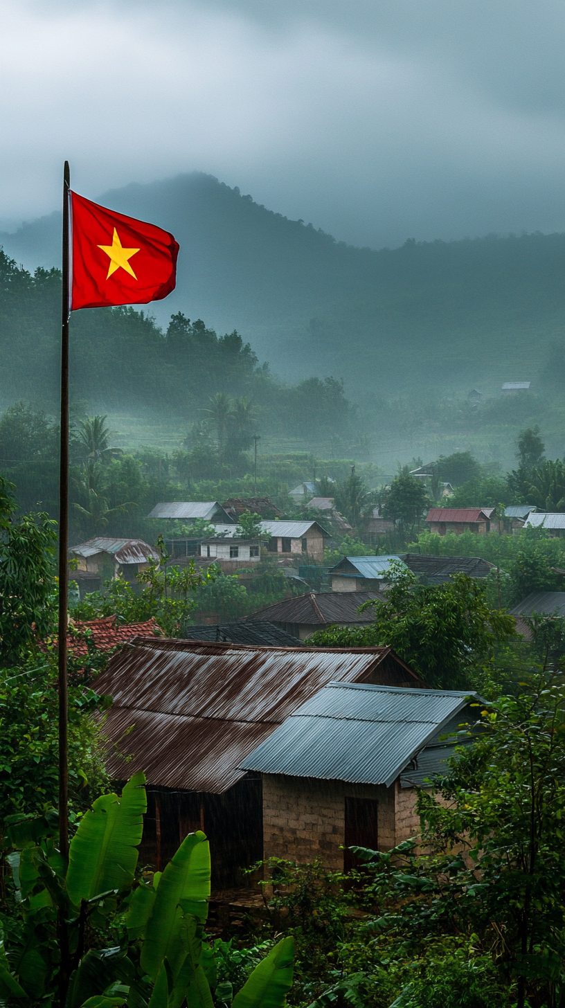 Moody rainy village scene with Vietnamese flag. Resilience and beauty.