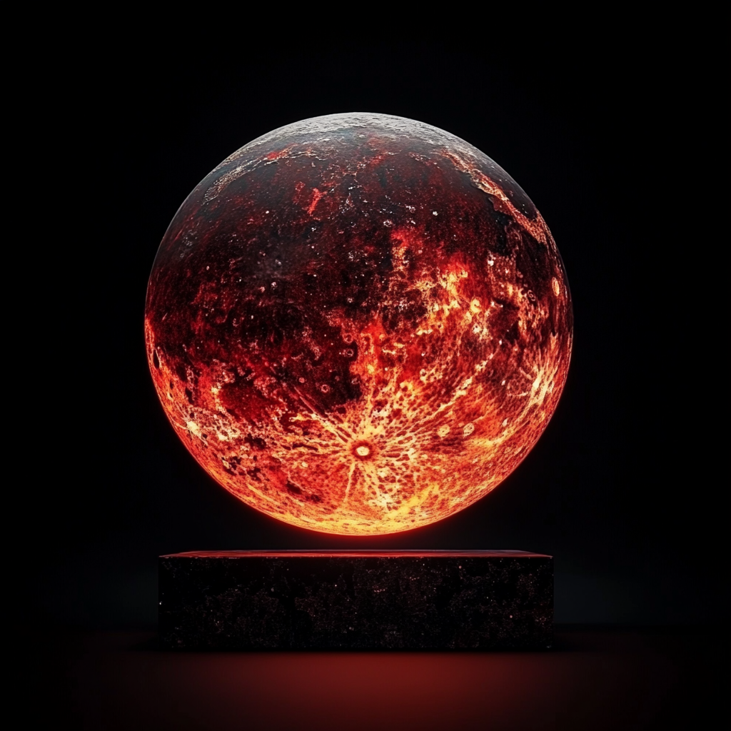 Moon shining above metallic sculpture in red and dark.