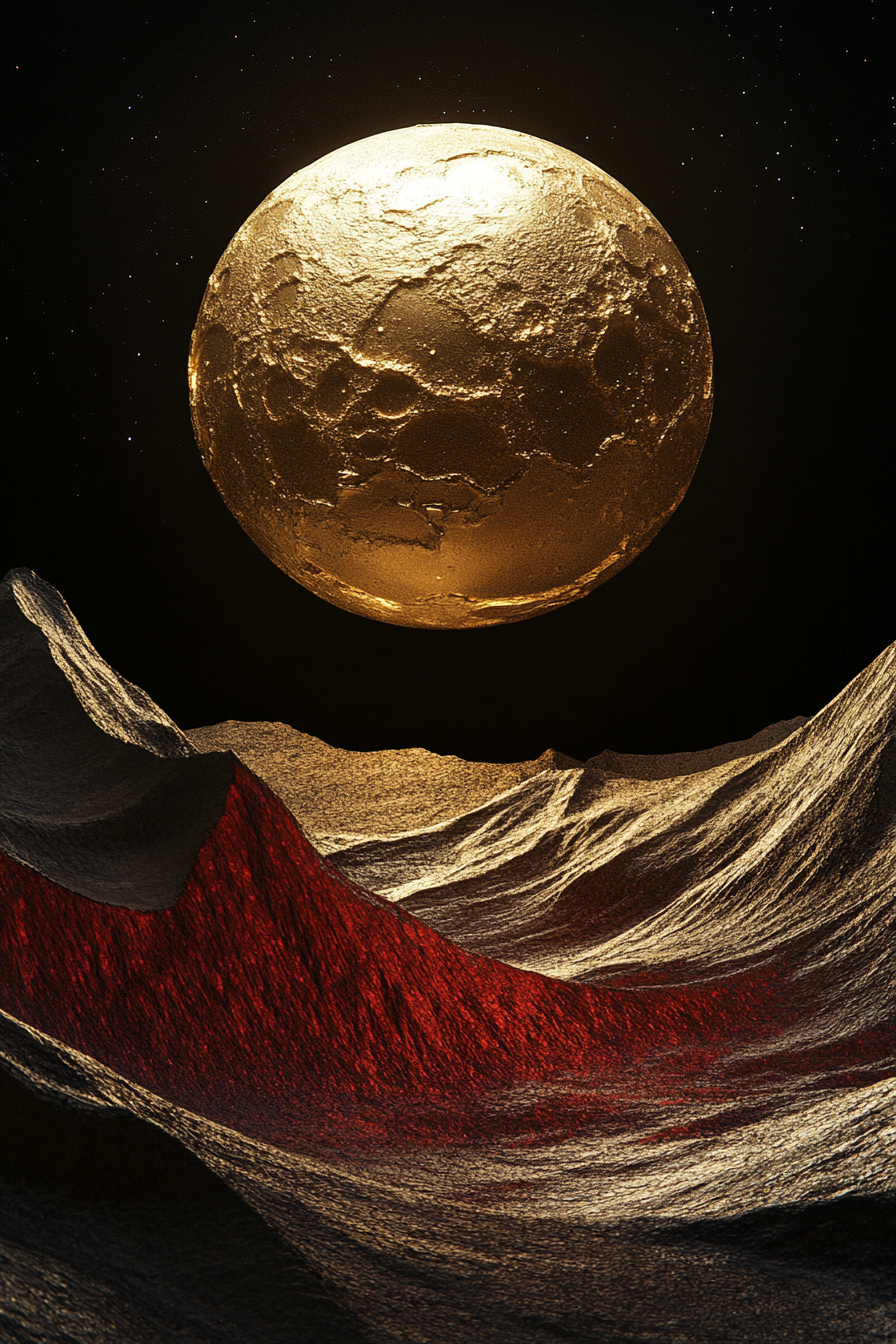 Moonrise shining above metallic sculpture in red and dark.