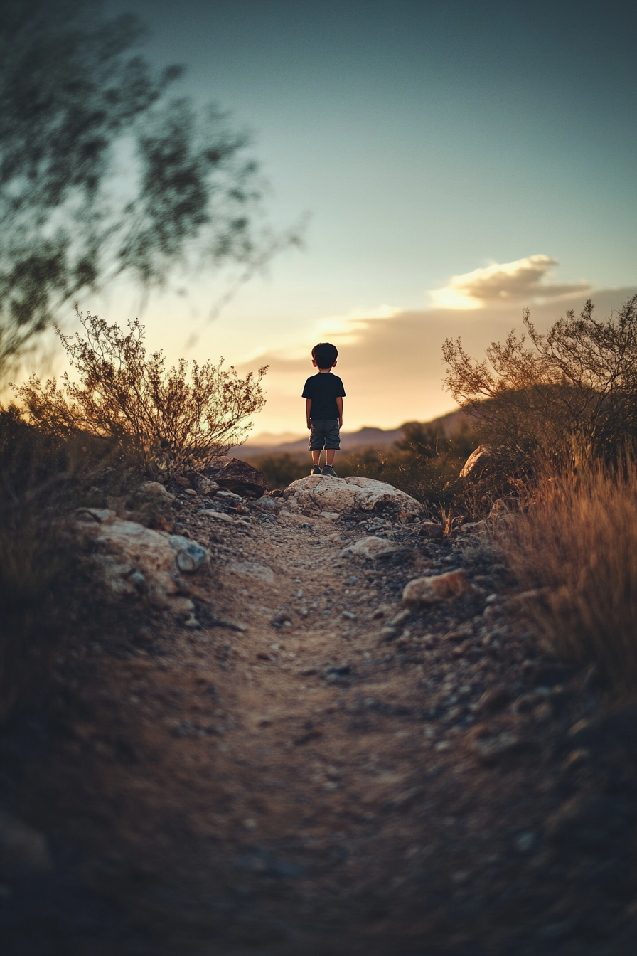 Movie poster style photo of small boy in desert.