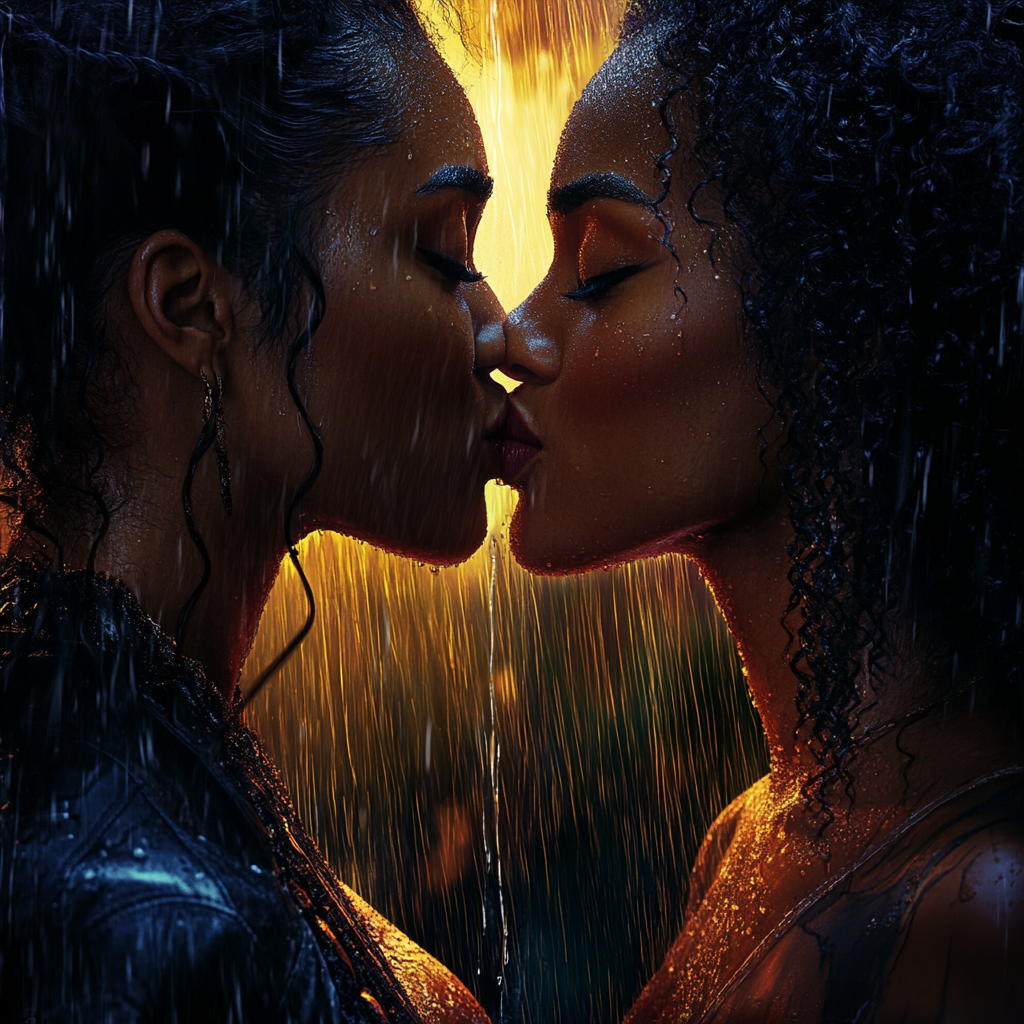 Movie poster: 2 women kissing in rain, cinematic, golden hour, fem fatal text, realistic style.