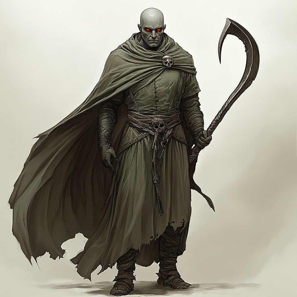 Muscular bald man in green cloak with sickle.