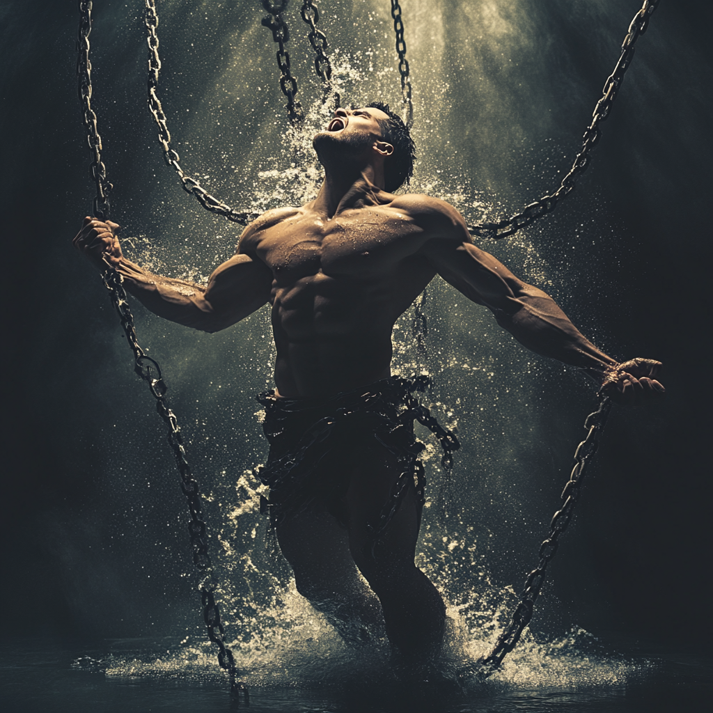 Muscular man defeats alter ego, chains shattered.