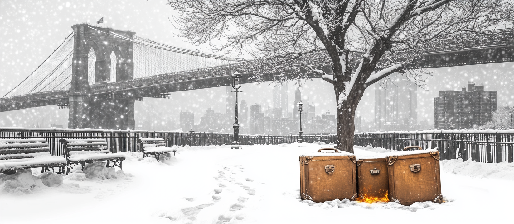 Mysterious Abandoned Suitcases in Snowy Panorama. 