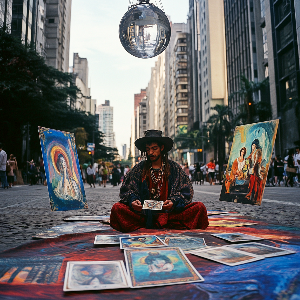 Mystical tarot reader in urban São Paulo setting