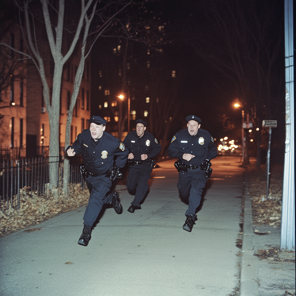 NYPD officers in vintage 2004 photo chasing criminal.