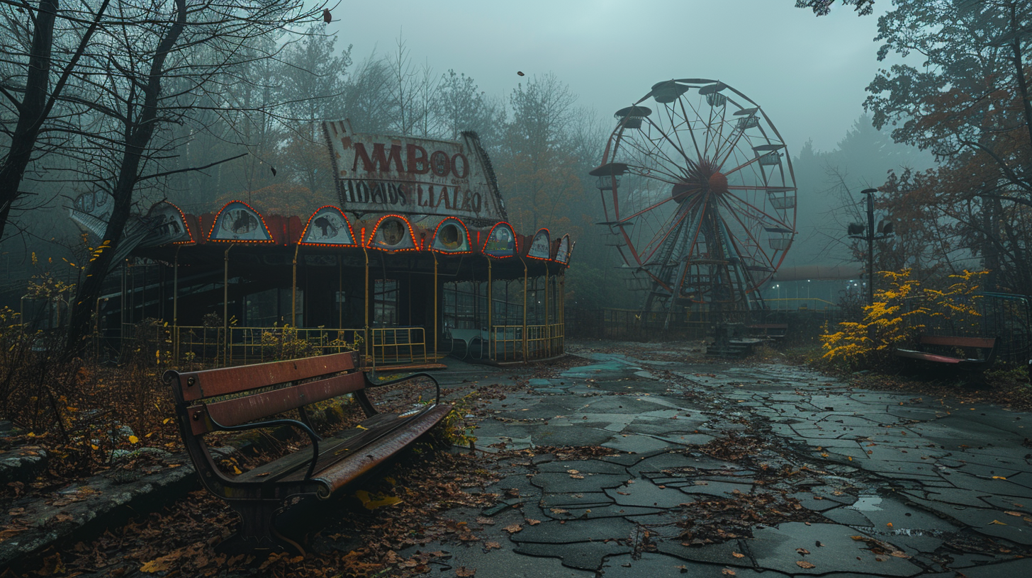 Nature overgrows abandoned amusement park, rides rusted.