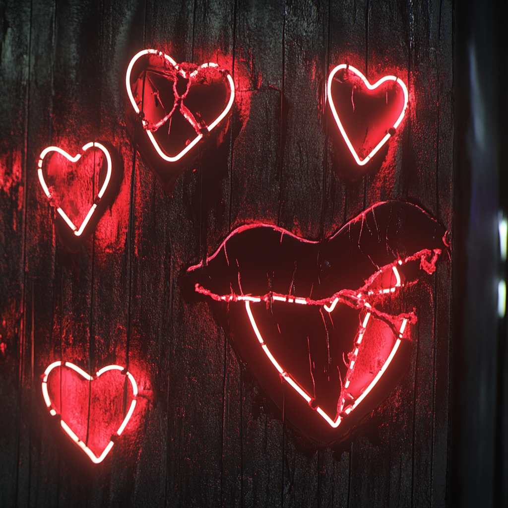 Neon Signs and Lips on Dark Wall, Realistic, High Resolution.