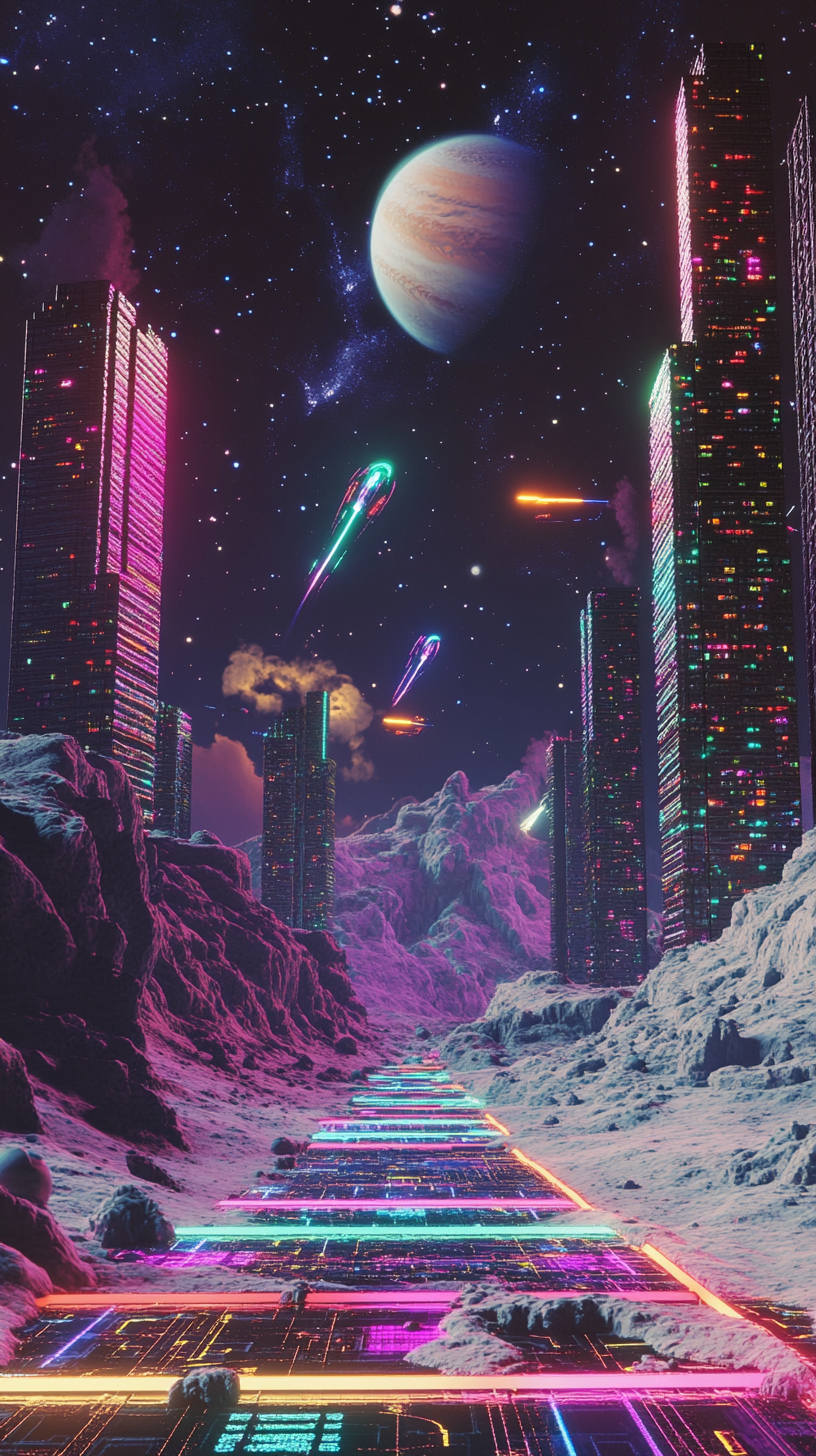 Neon-lit dance floor on lunar surface with skyscrapers, aliens.